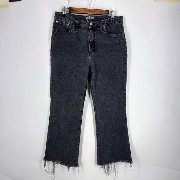 Madewell Denim - Madewell High-Rise Kick Out Jeans Faded Black Raw Hem Cropped Flare Pants Womens